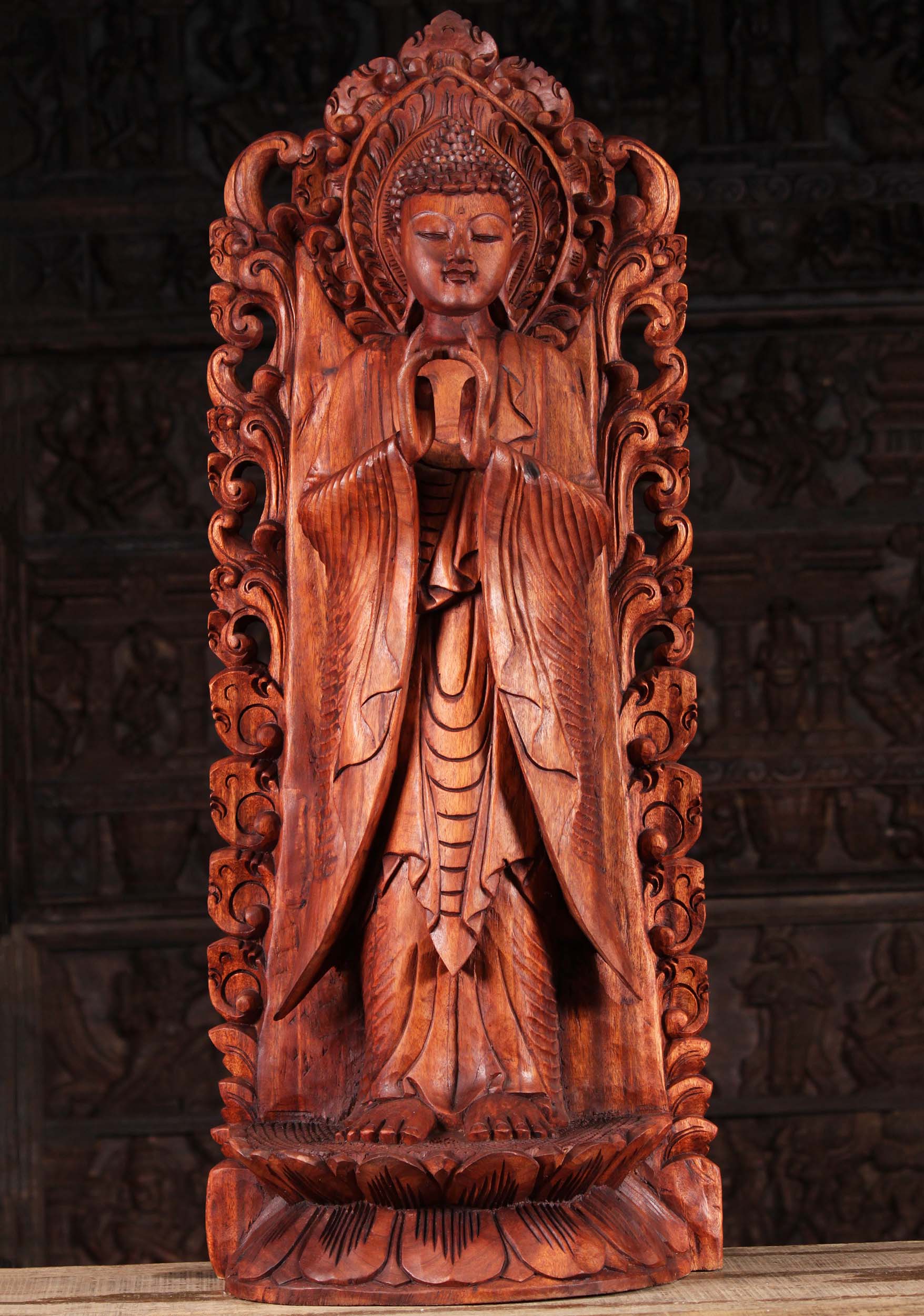 Wooden Buddha Sculpture with Arch & Chakra 41"