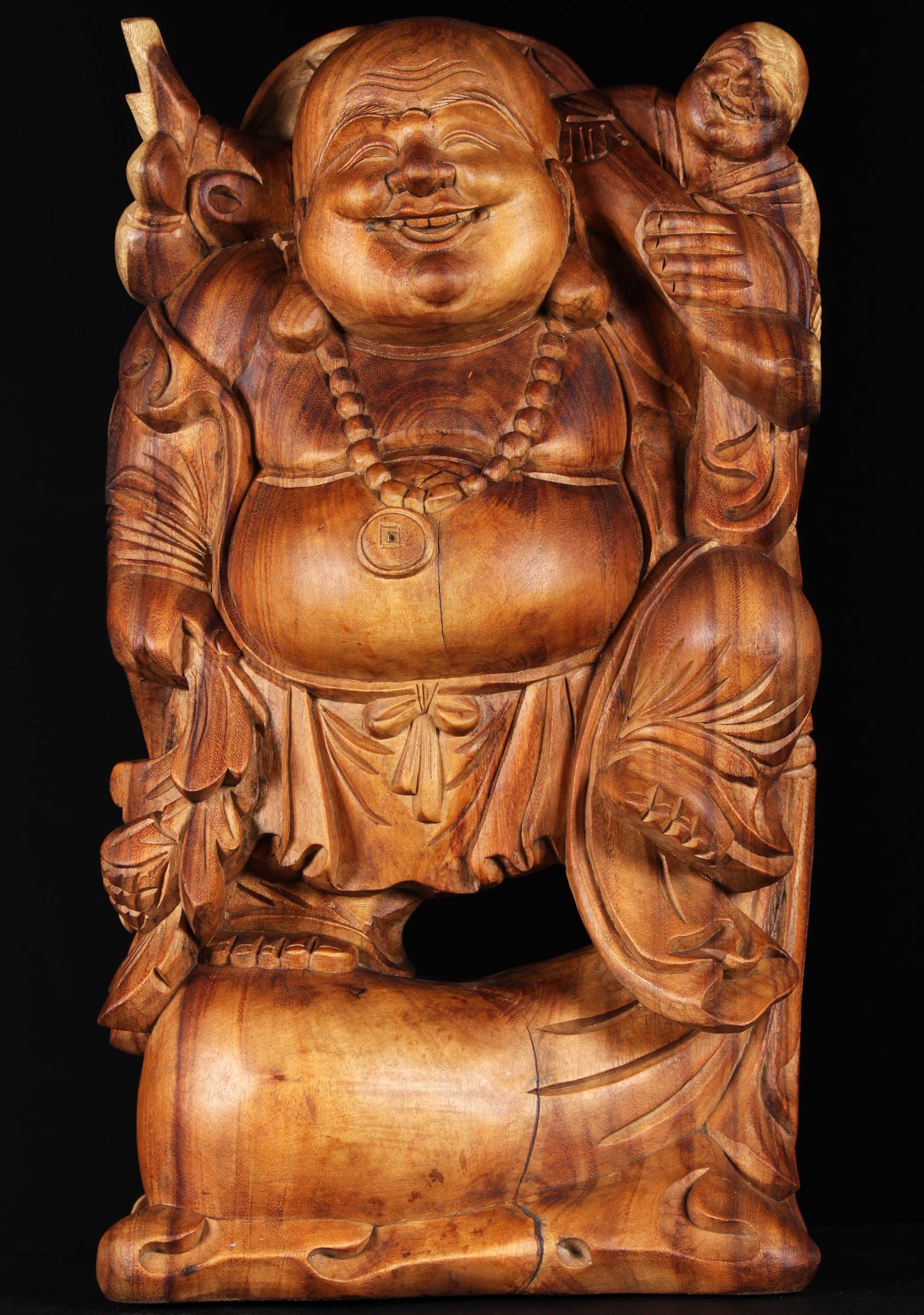 Wood Buddha with Child On His Shoulder 24"