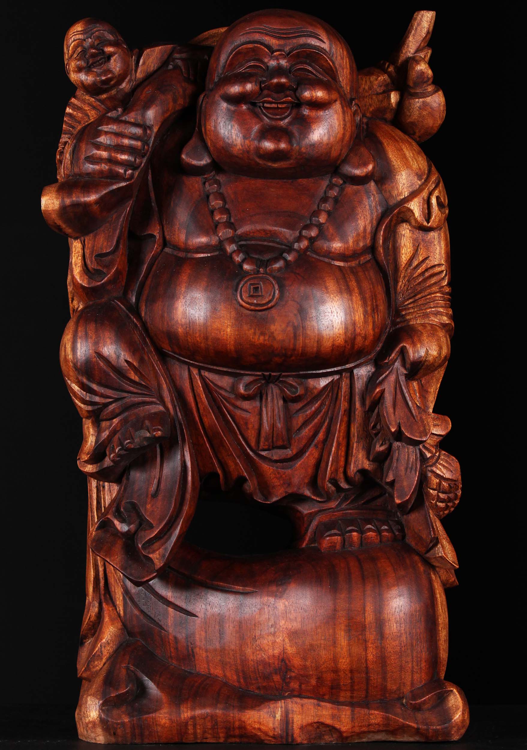 Wooden Buddha With Child On His Shoulder 24"