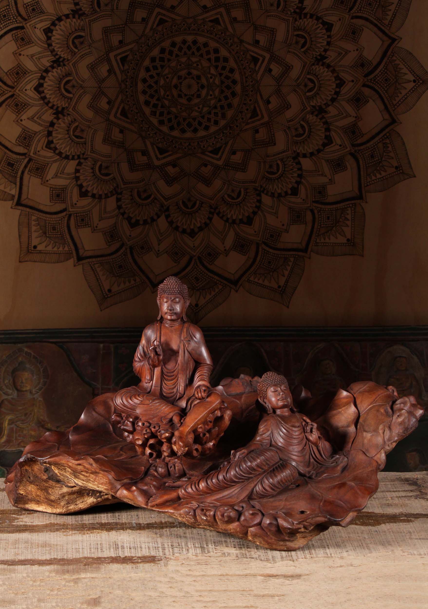 Natural Wood Carving Of 2 Buddhas On Lily Pads 25"