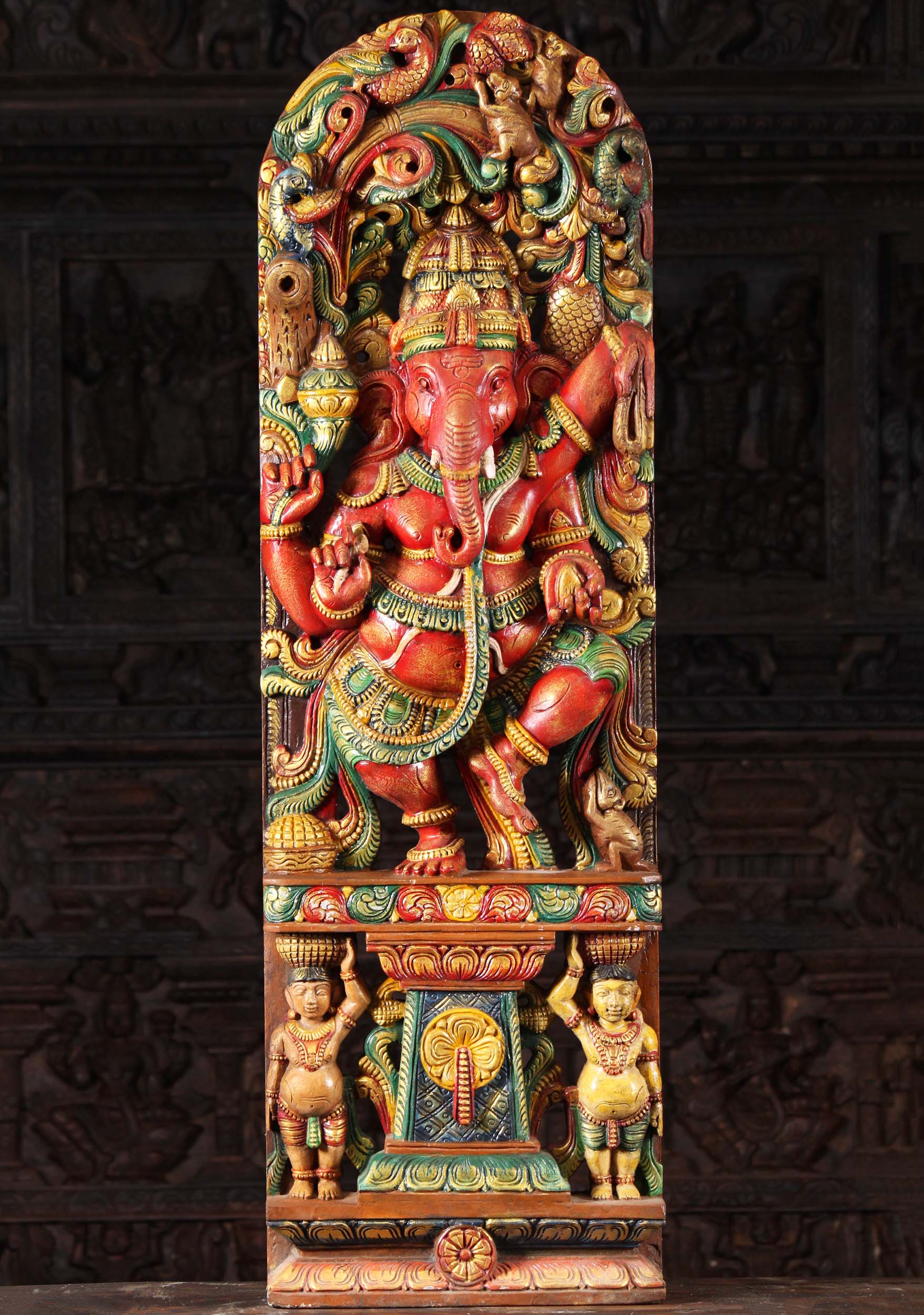 Wood Red Ganesh Dancing Beneath Canopy 48"