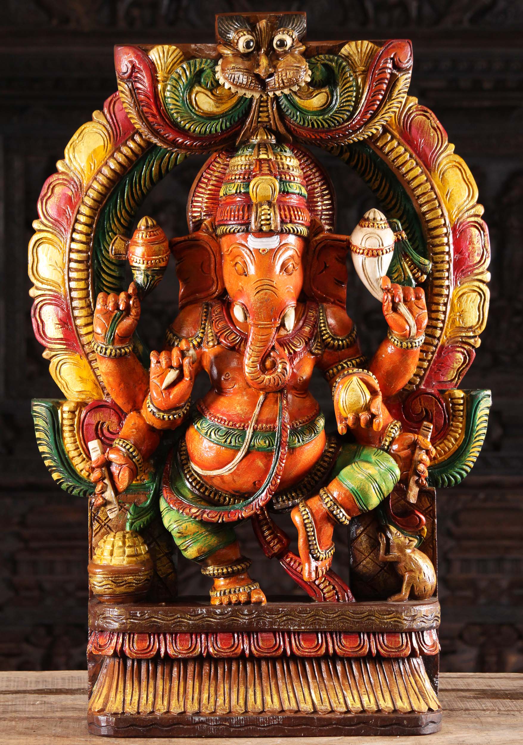 Wooden Dancing Ganesh With Mahakala Arch 36"