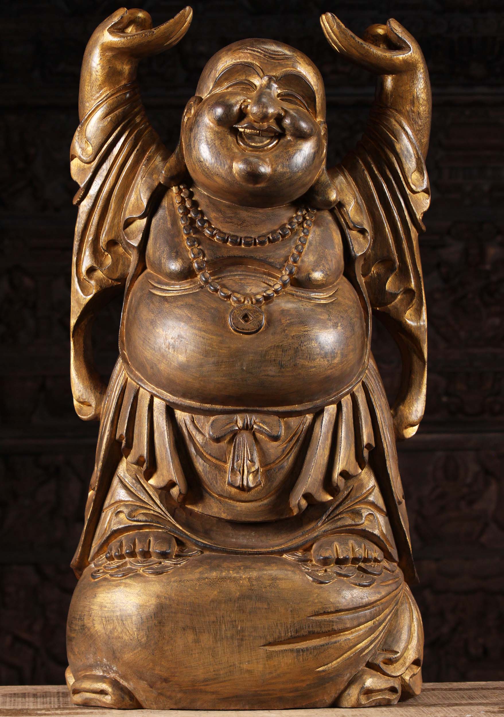 Wooden Standing Fat & Happy Buddha Statue 32"