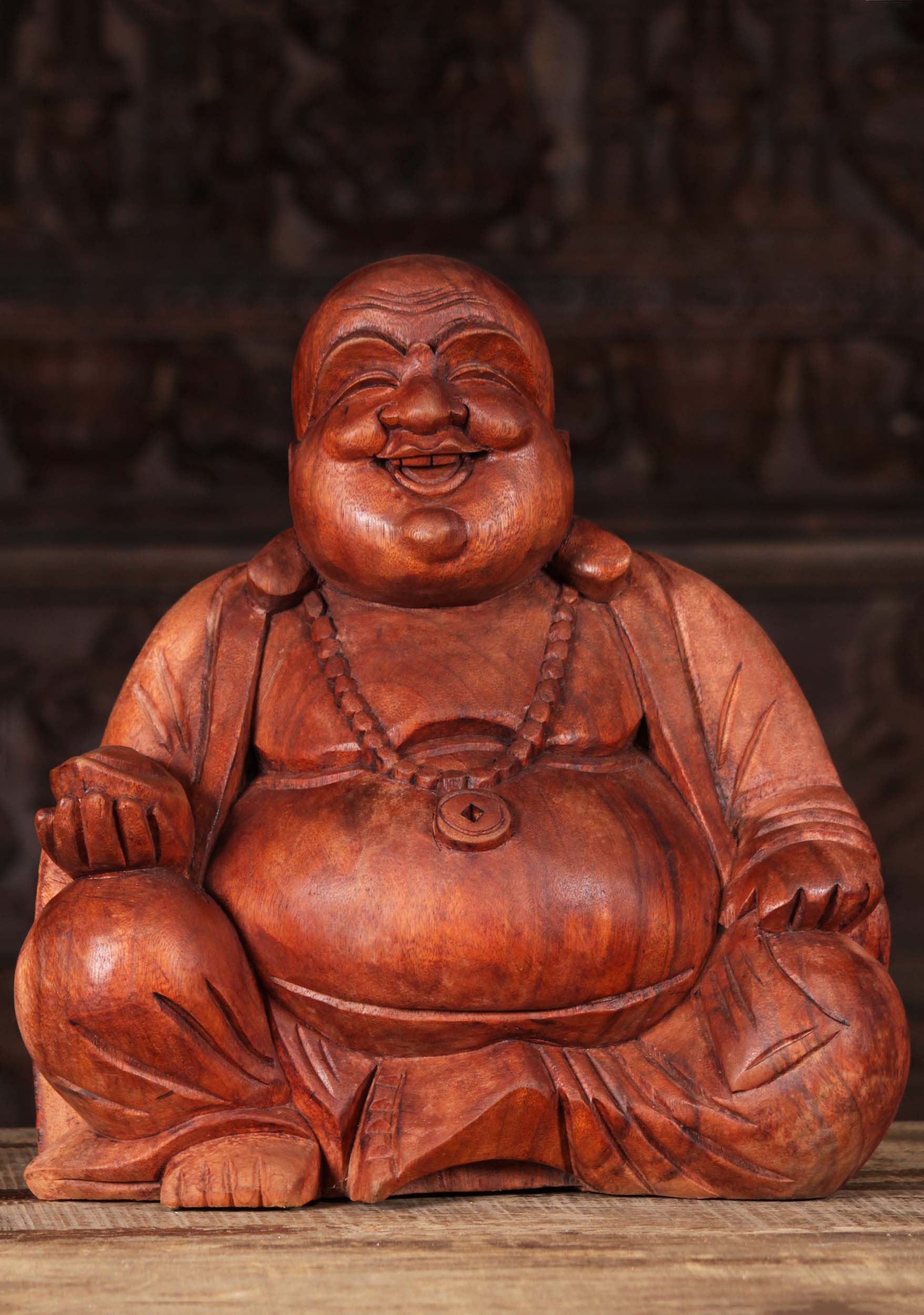 SOLD Wooden Fat Hotei Buddha of Wealth Statue 16