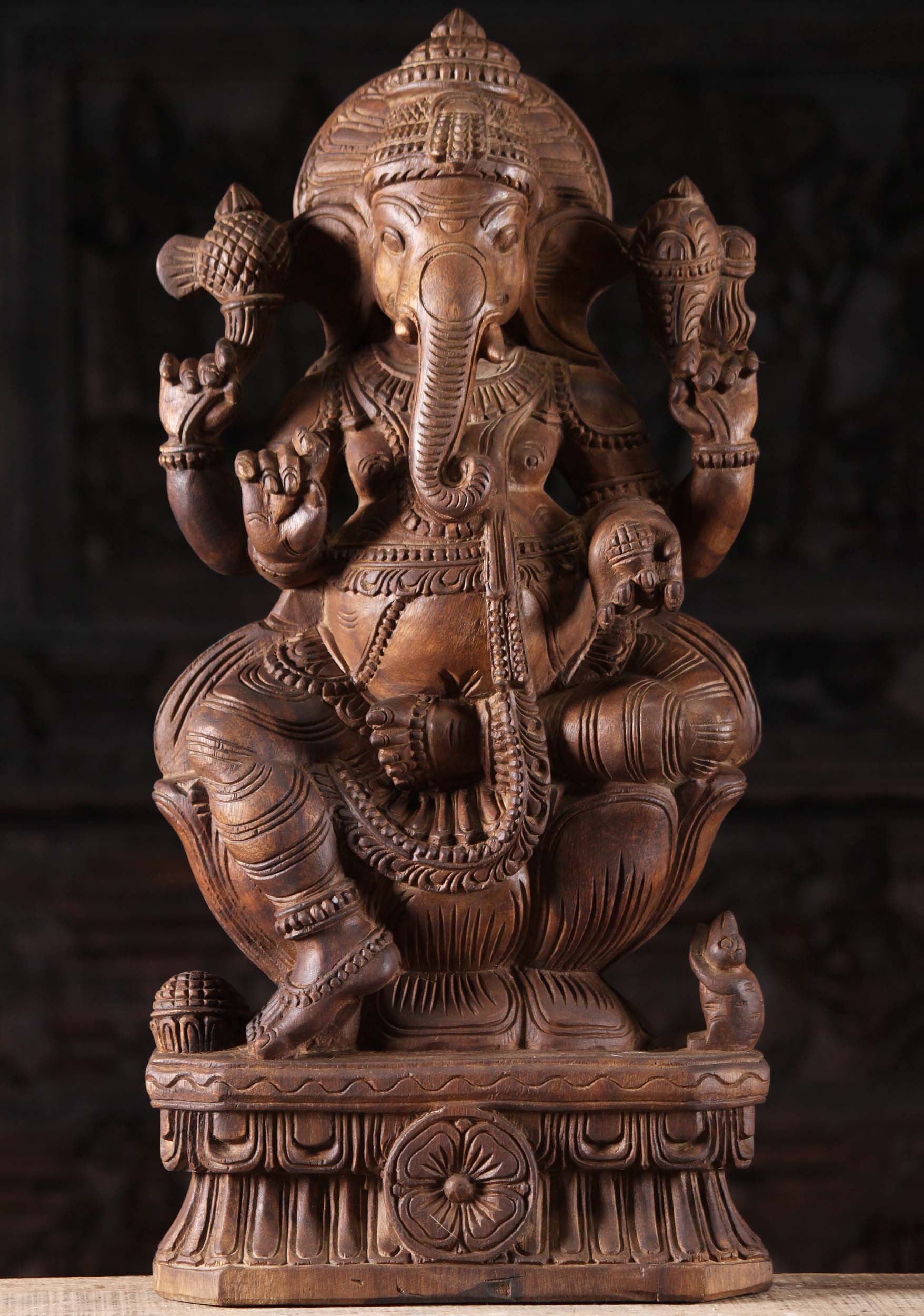 Wooden Ganapathi Sculpture Holding Laddus 24"