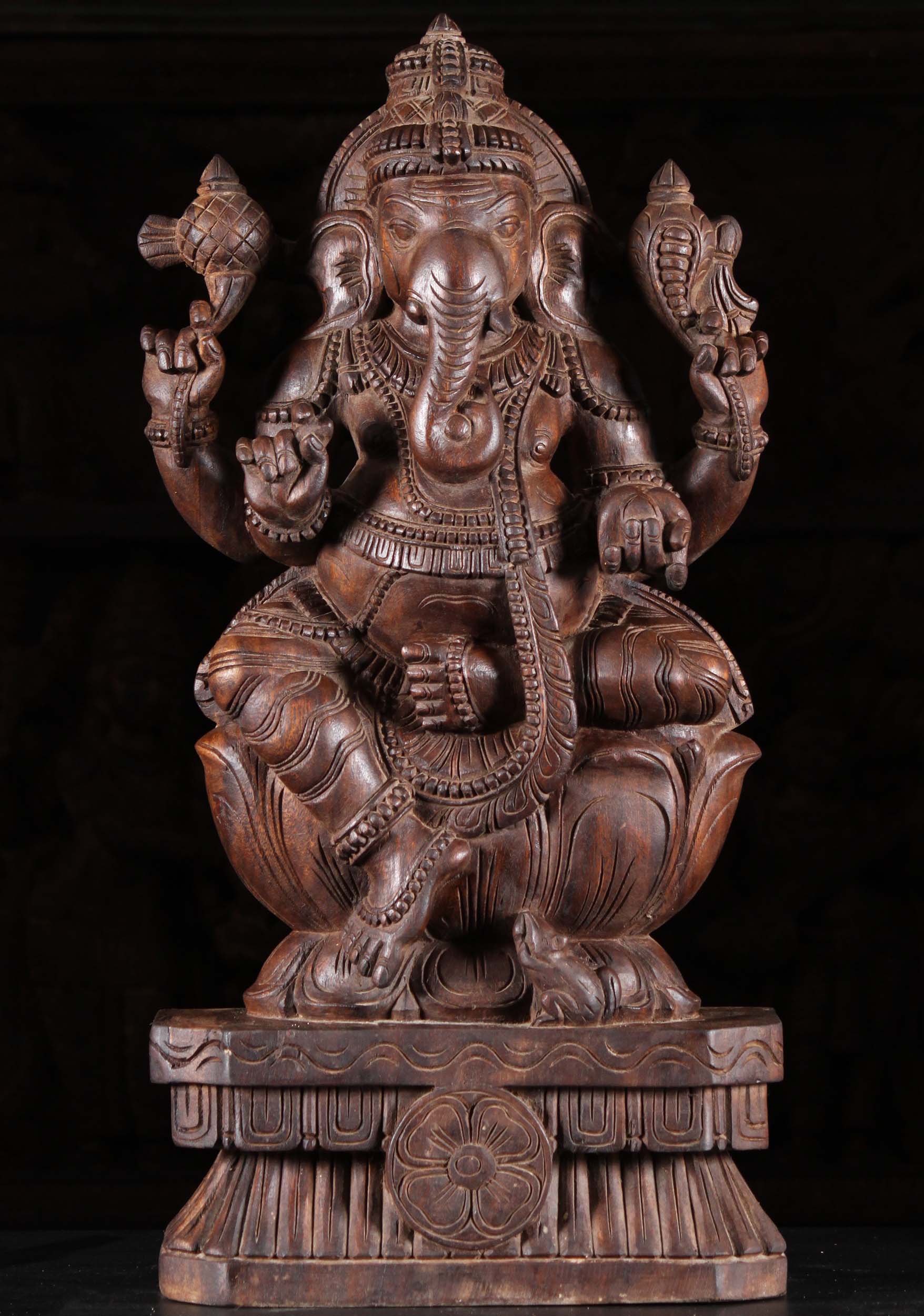 Wooden Seated Ganesh Carving with Tilak 24"