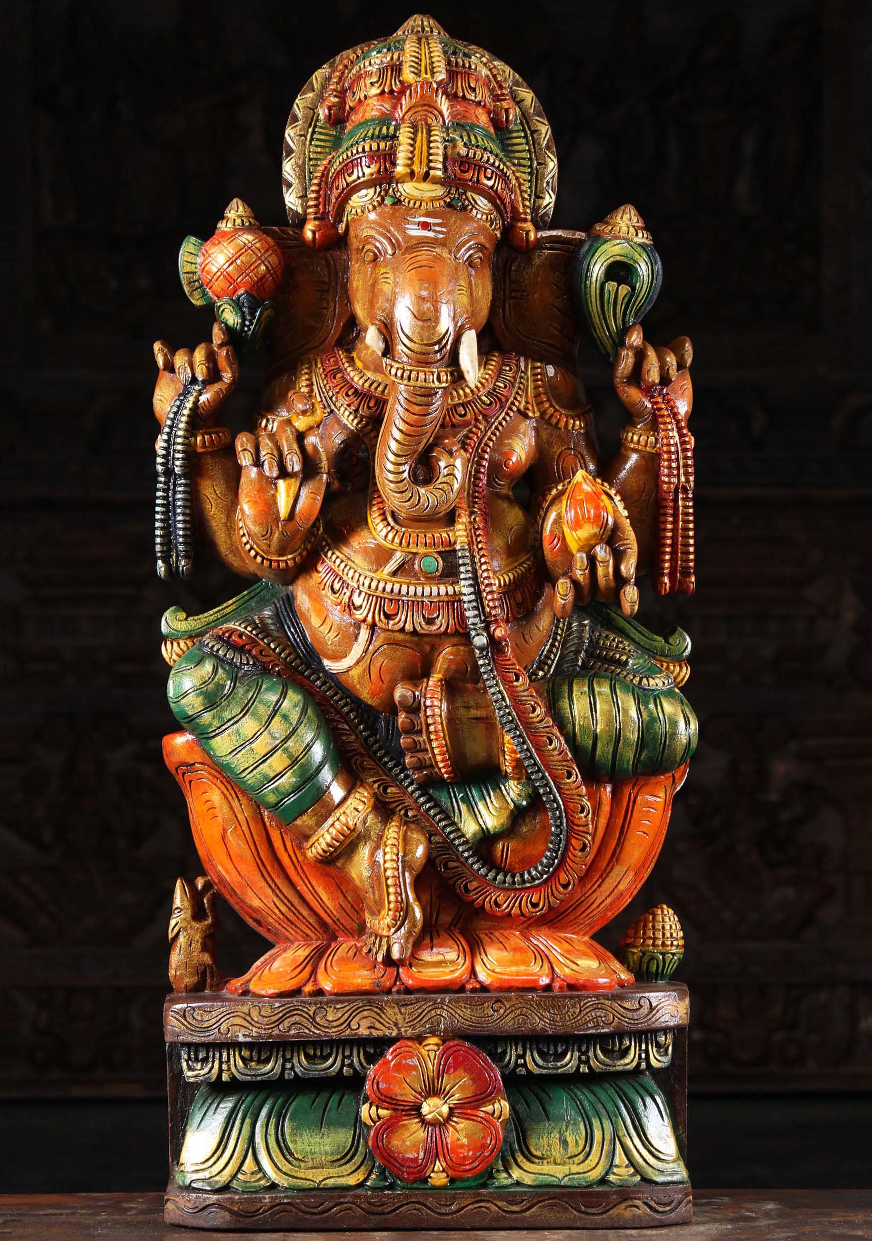 Wooden Ganesh Seated On Lotus Base 36"