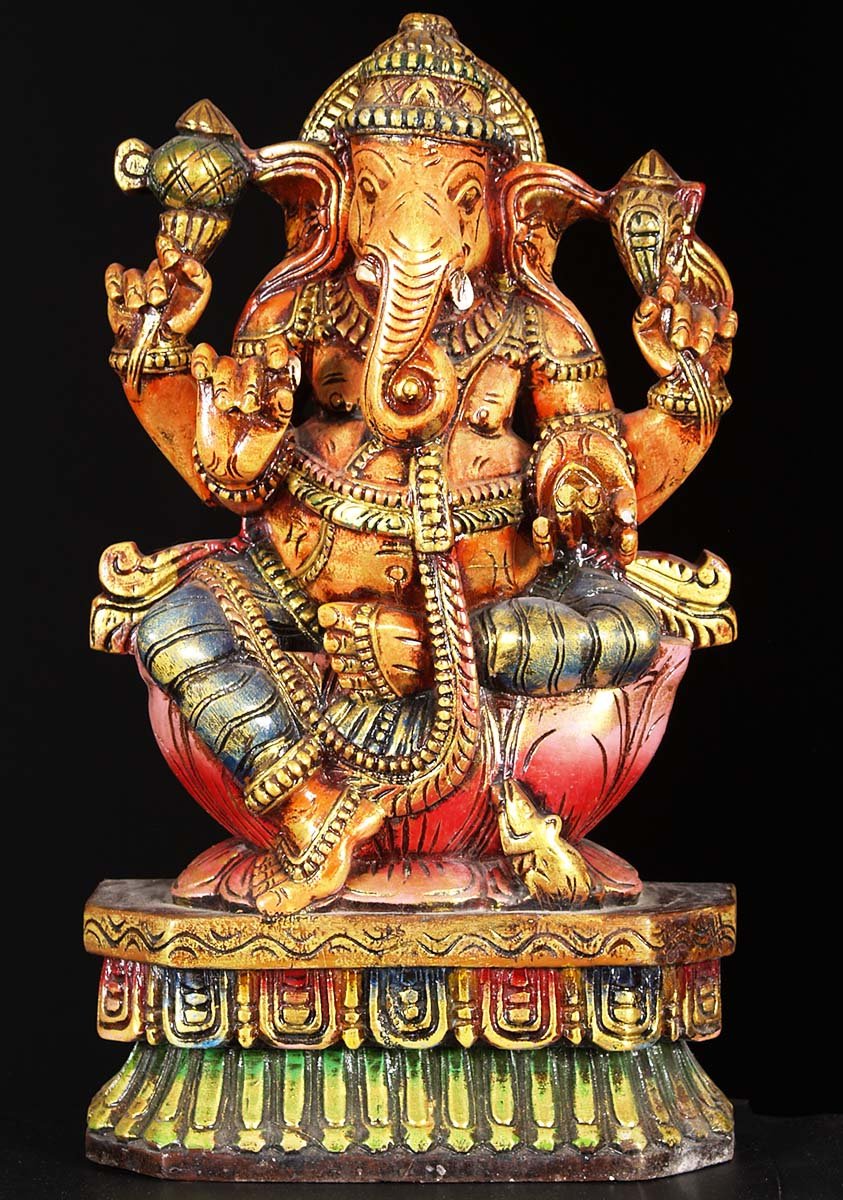 Wooden Ganesh Sitting Statue 18"