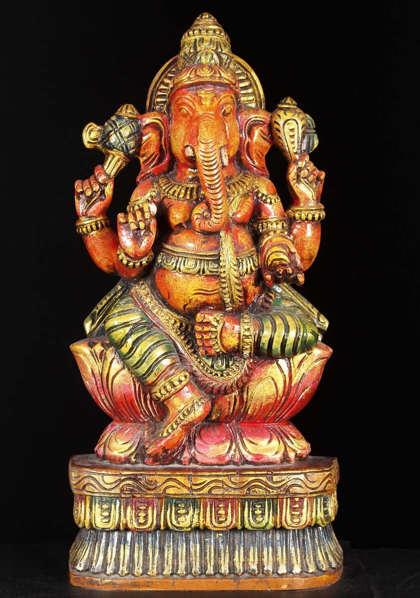 Wooden Ganesh Seated on Lotus 18"