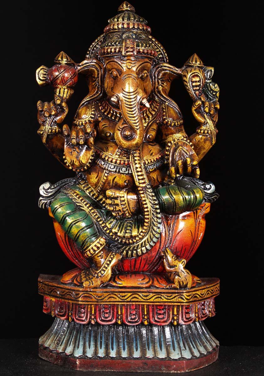 Wood Ganesha Sitting Statue 18"