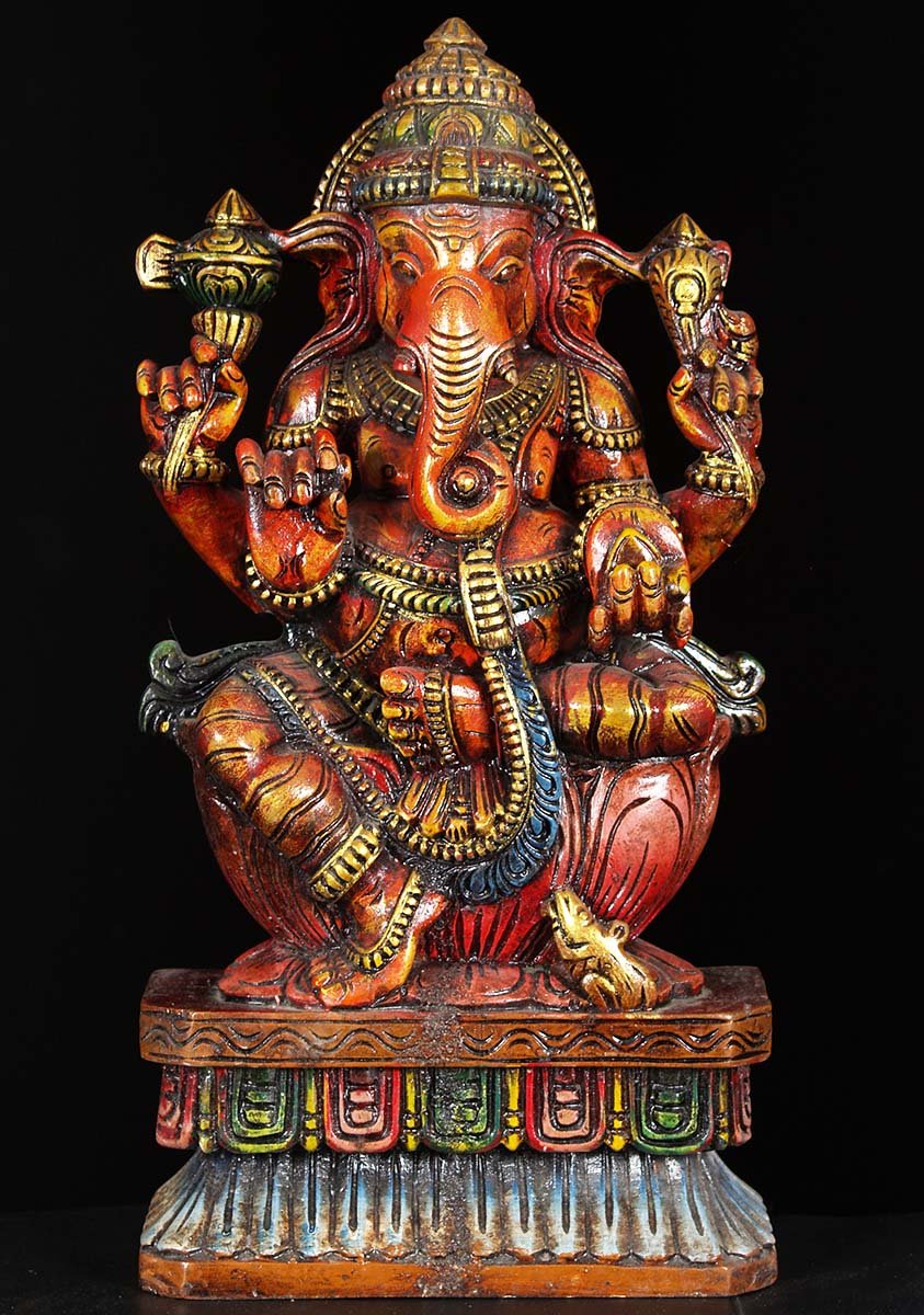 Wood Ganesh Sitting Statue 18"