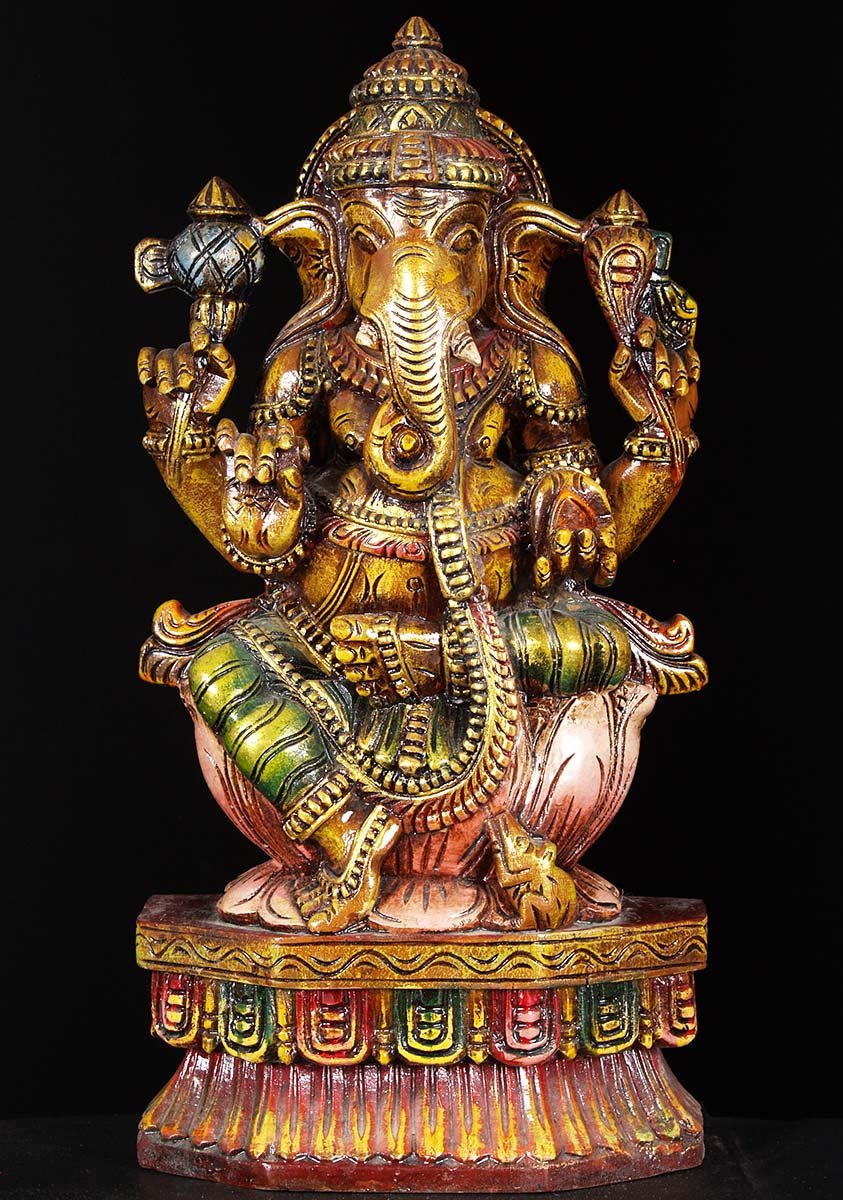 Wooden Ganesha Sitting Statue 18"