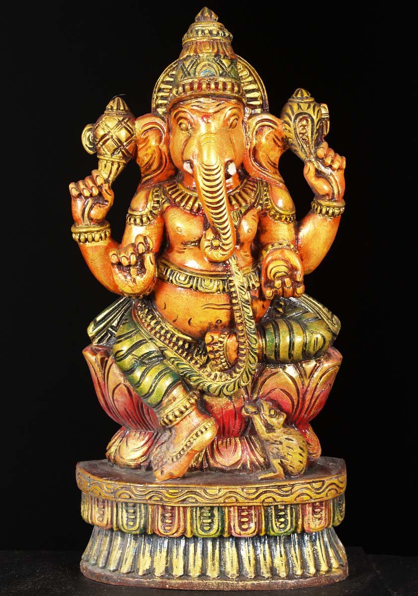 Wood Ganesh Seated Statue 18"