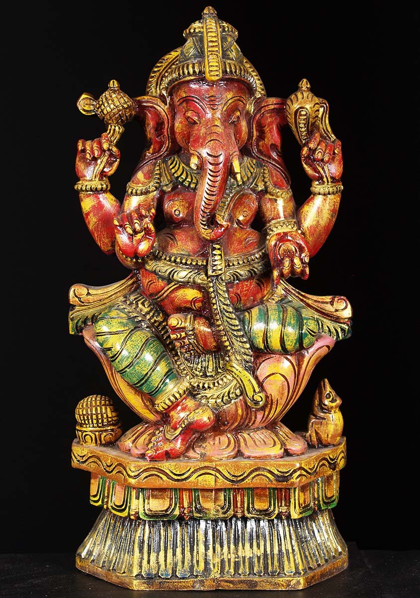 Wooden Seated Ganesh Statue 18"