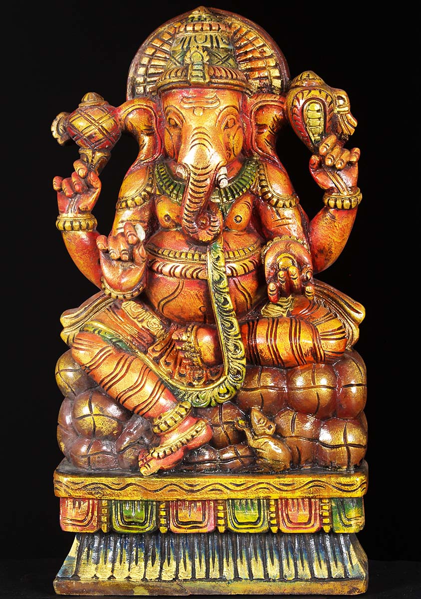 Sitting Wooden Ganesh Statue 18"