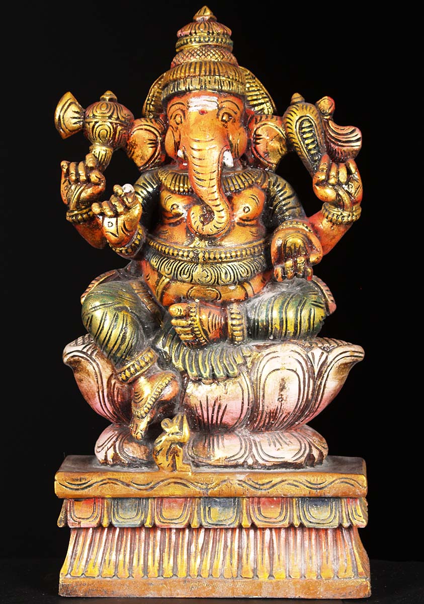 Wooden Sitting Ganesh Statue 18"