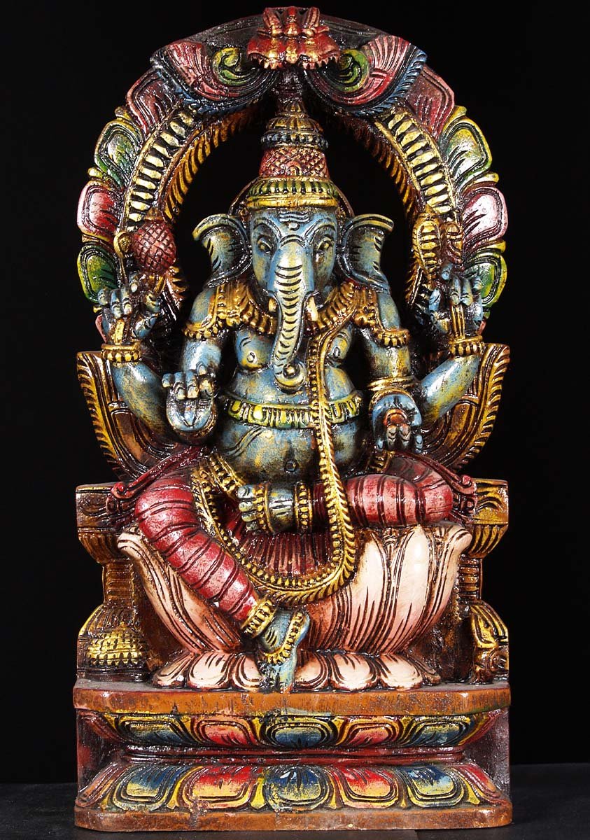 Wooden Ganesh Sitting Sculpture 18"