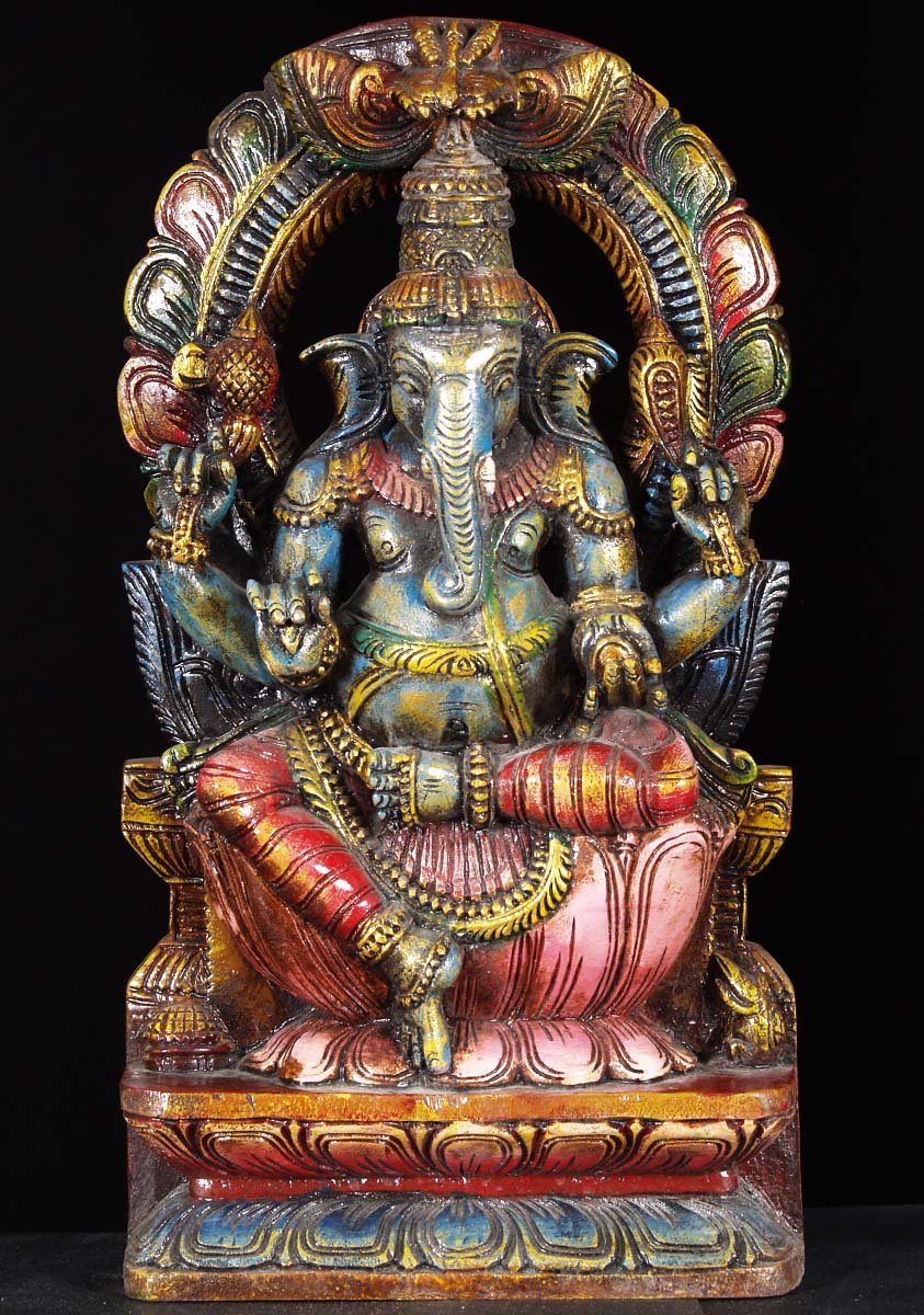 Wood Ganesh Sitting Statue 18"