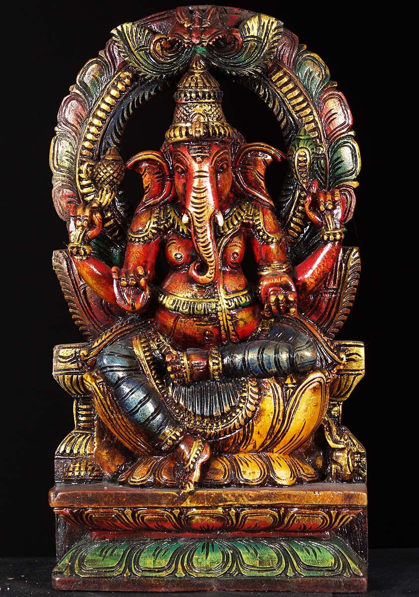 Wooden Seated Ganesh Statue 18"