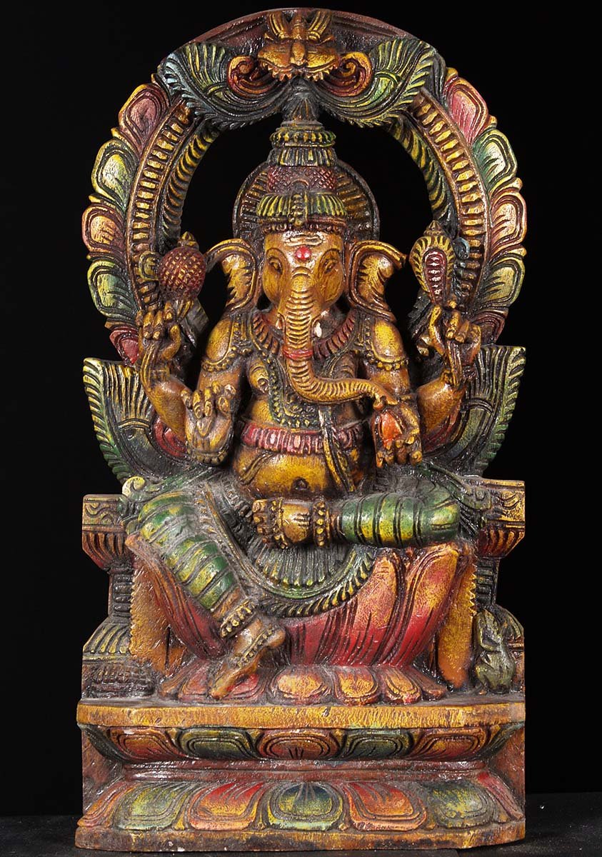 Wooden Ganesh Statue with Arch 18"