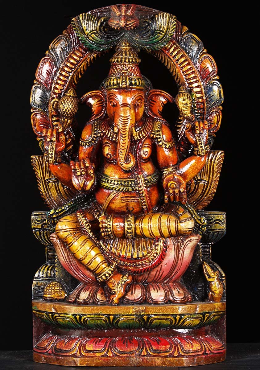 Wooden Ganesh Sitting Statue 18"