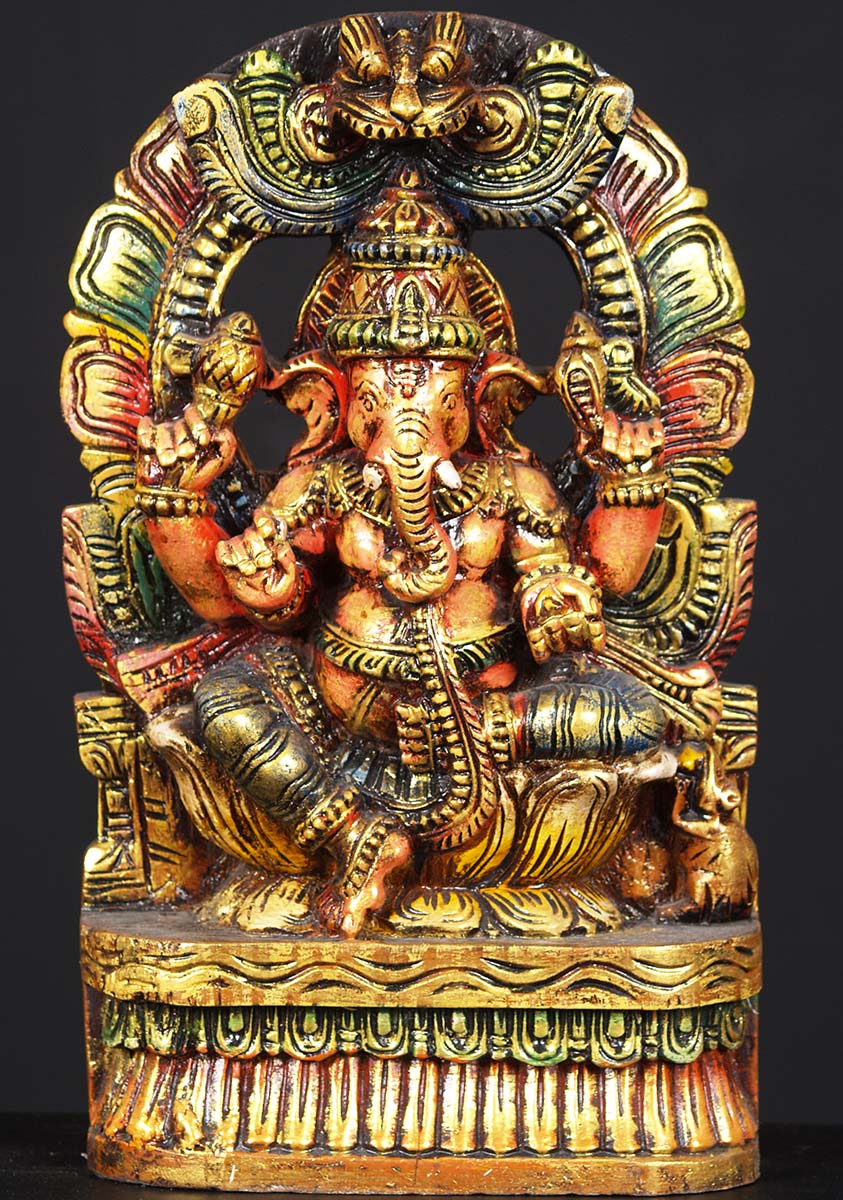 Wooden Ganesh Sitting Statue 13"