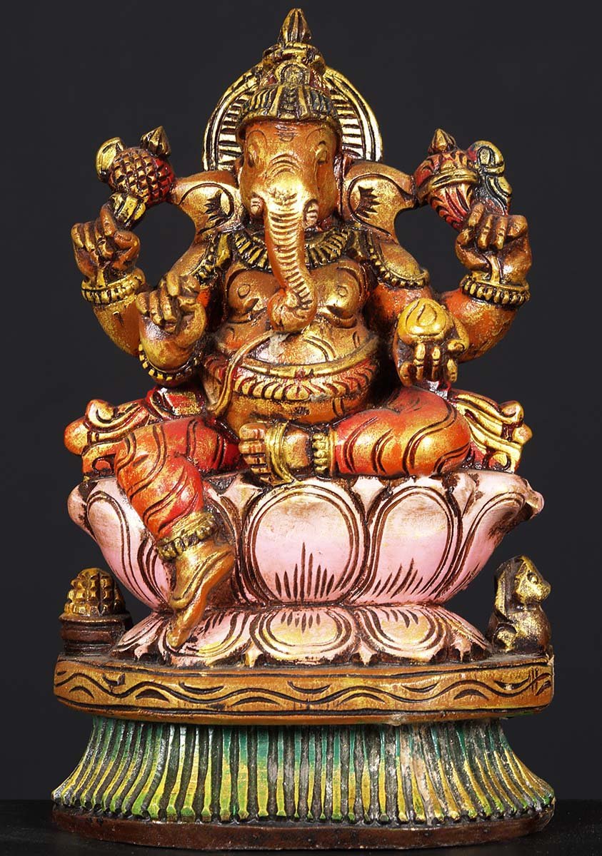 Wooden Ganesh Statue on Pink Lotus 12"