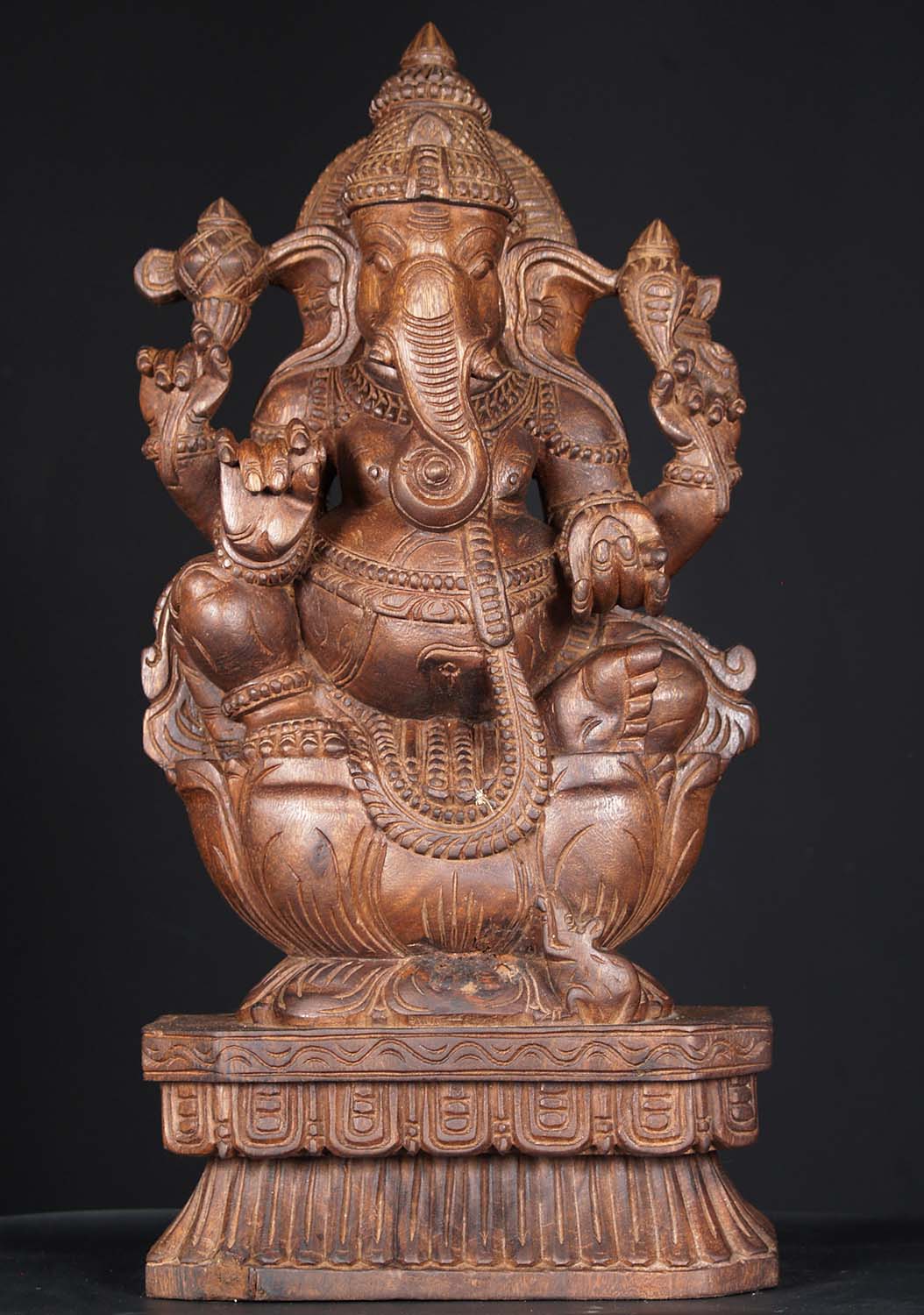 Wooden Ganesh Seated atop Lotus Base 24"