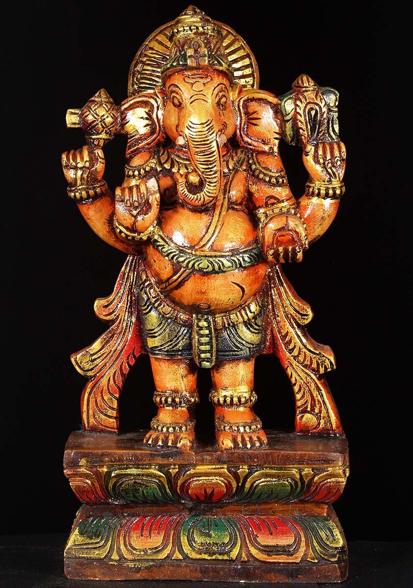 Wooden Ganesh Standing Statue 18"