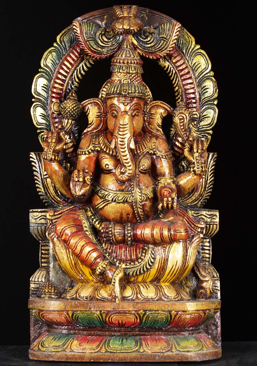 Wooden Ganesh Statue Sitting 18"