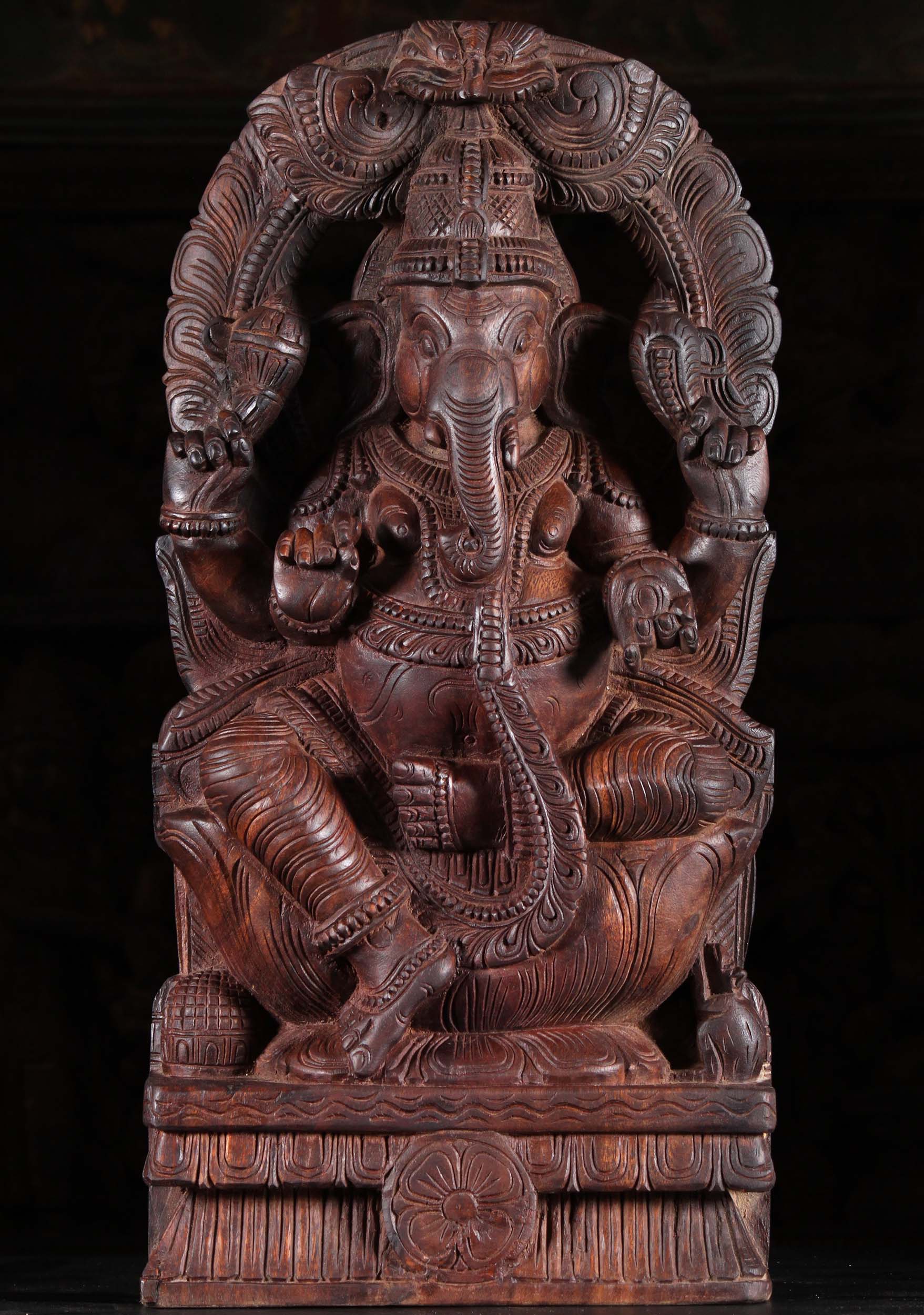 Wooden Ganesh Statue with Arch 24"