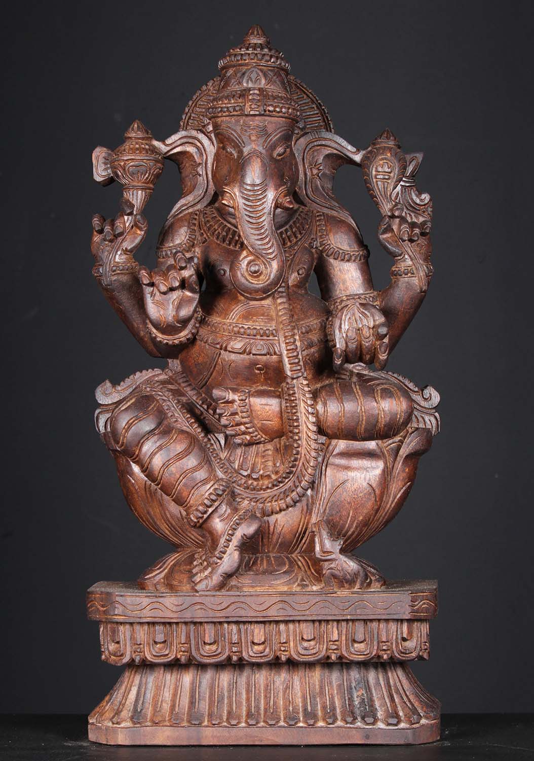 Wooden Dark Seated Ganesha Carving 24"