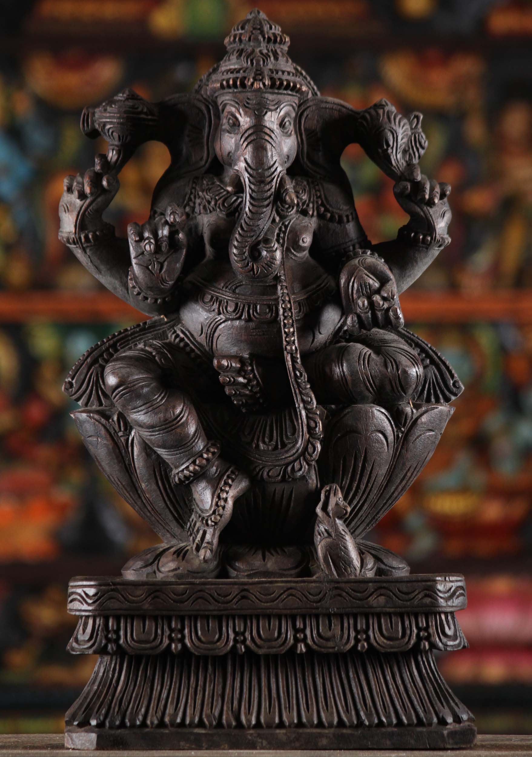 Wooden Ganesha Statue with Rat Mooshika 18"