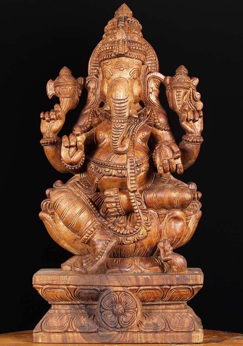 Wooden Seated Ganesha Sculpture 24"