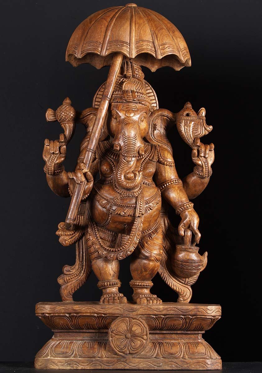 SOLD Wood Umbrella Ganesha Statue 36&quot; (#76w2): Hindu Gods &amp; Buddha Statues