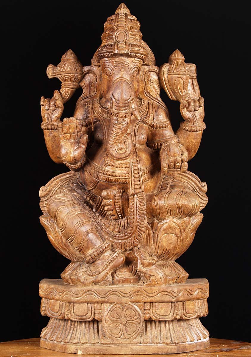 Wooden Seated Ganesha Statue 24"