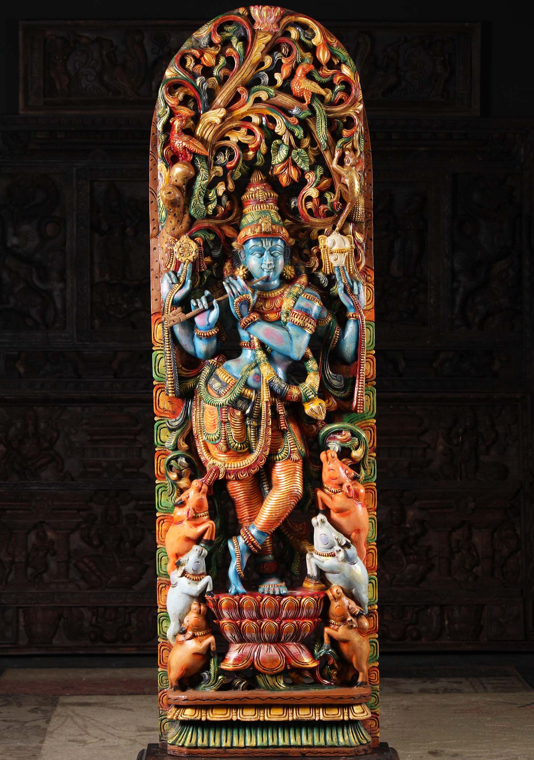 Wood Blue Gopal Krishna Statue with Cows 61"