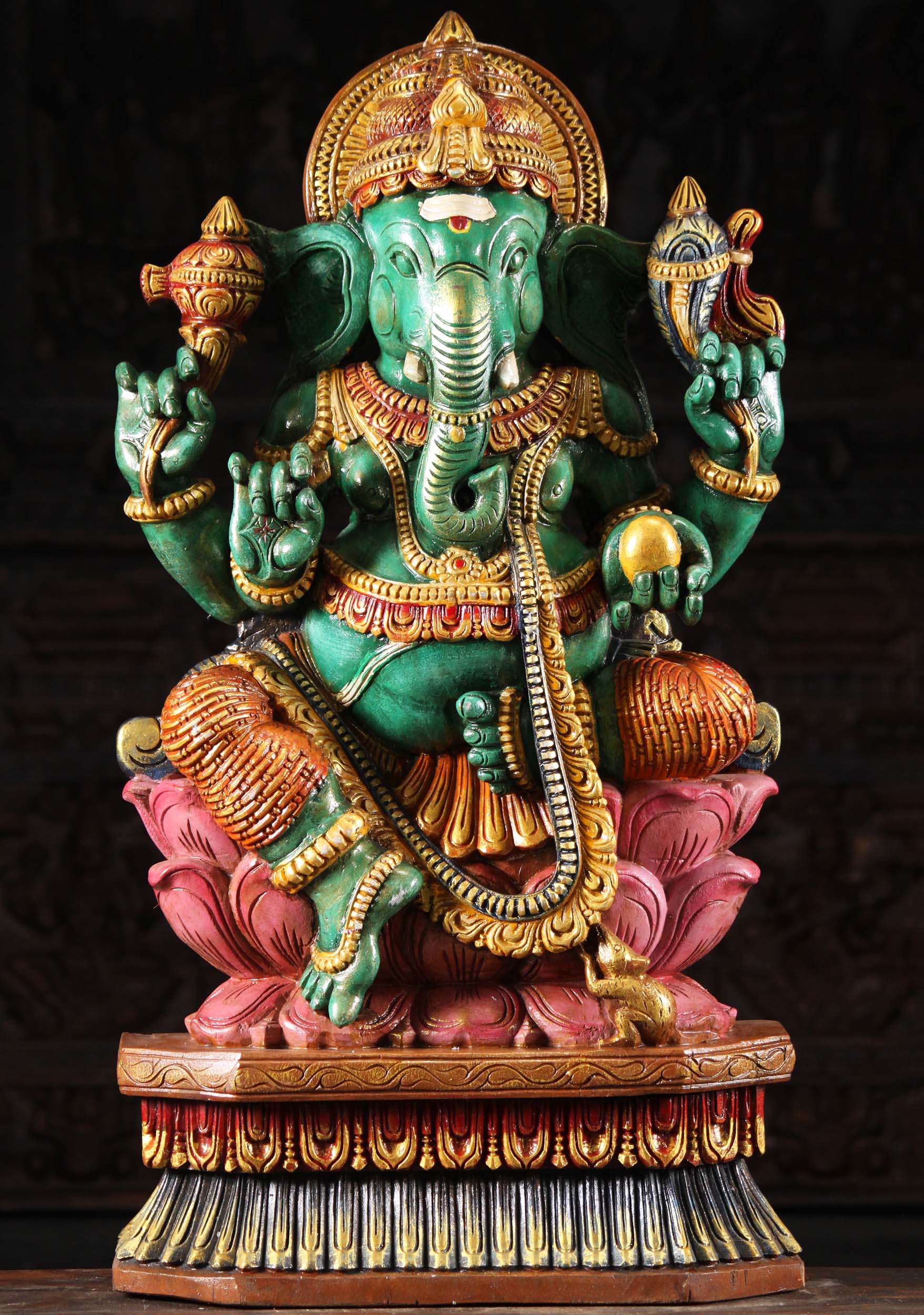 Wooden Green Seated Ganesh Statue 35"