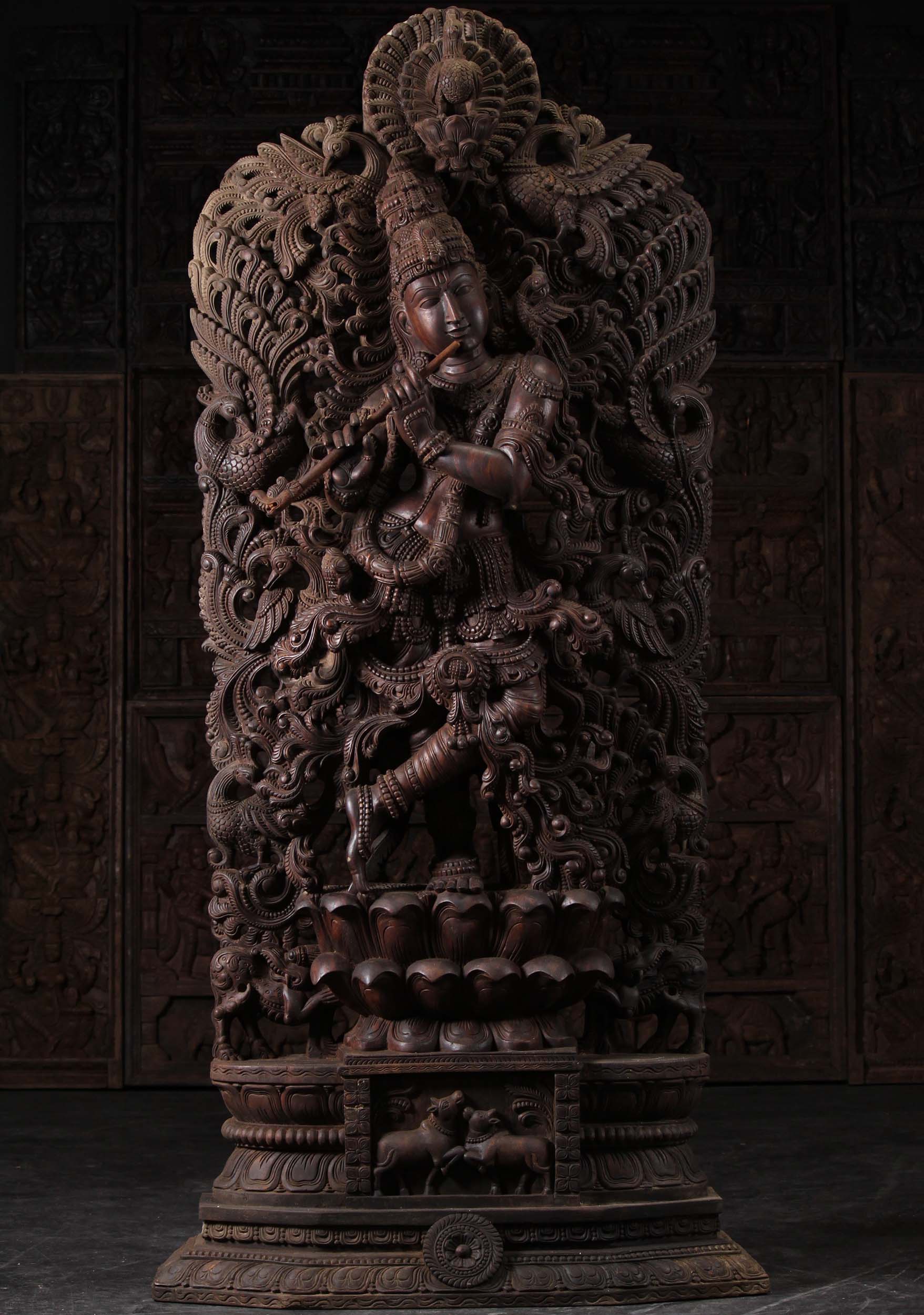 Huge Wooden Hoysala Style Gopal Krishna Statue Playing Flute with 8 Peacocks in the Arch 80"