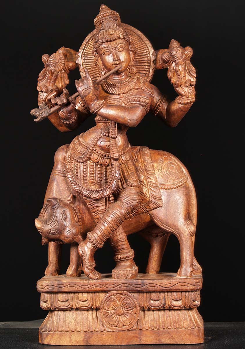 Wooden Venugopal With Cow 24"