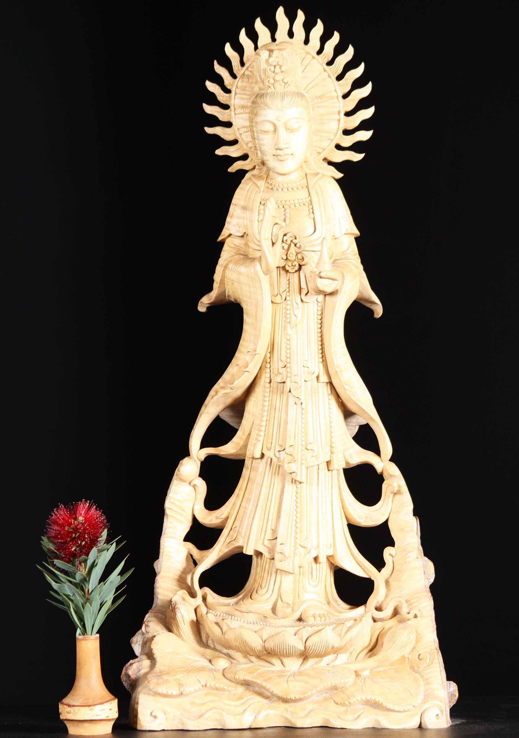 Wooden Kwan Yin Carving Holding Vase 23"