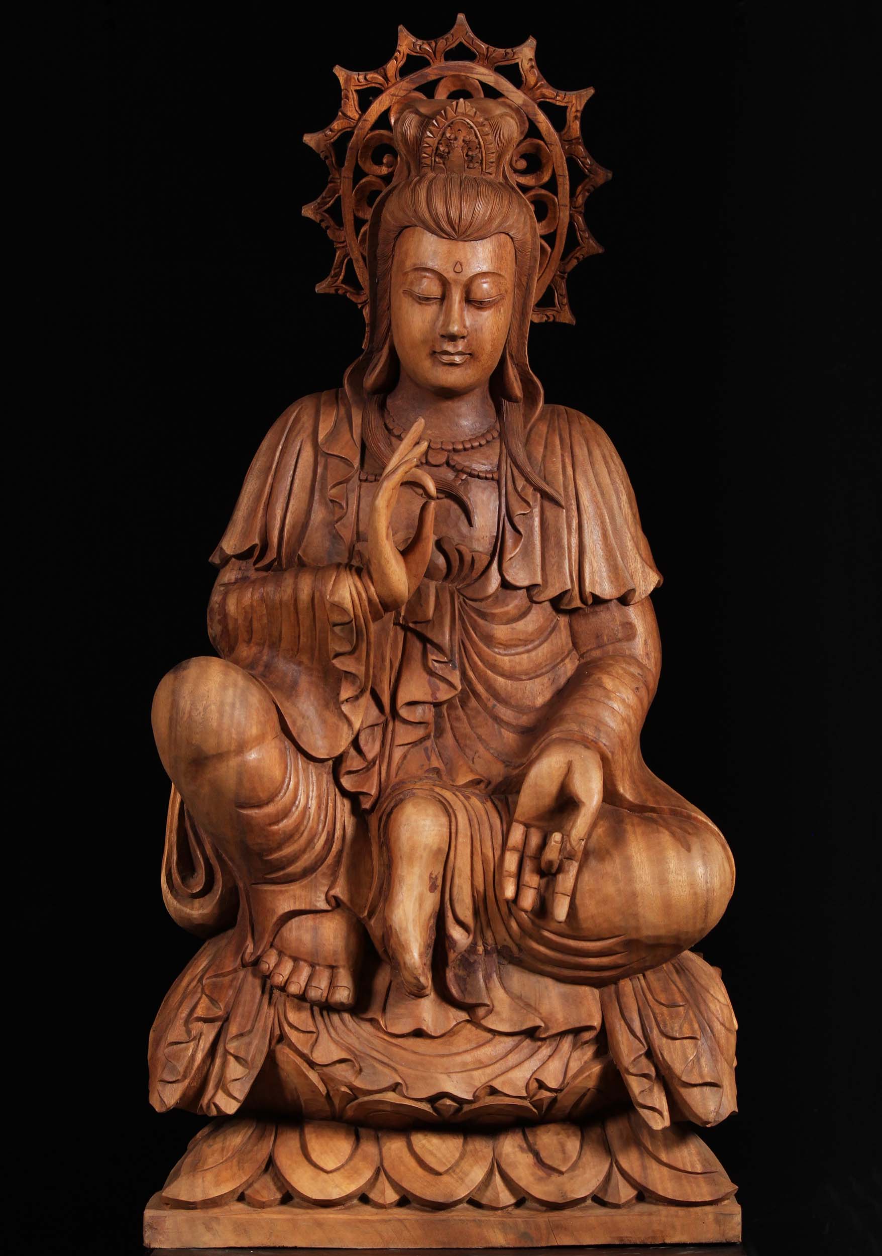 Wooden Kwan Yin Statue With Halo 43"