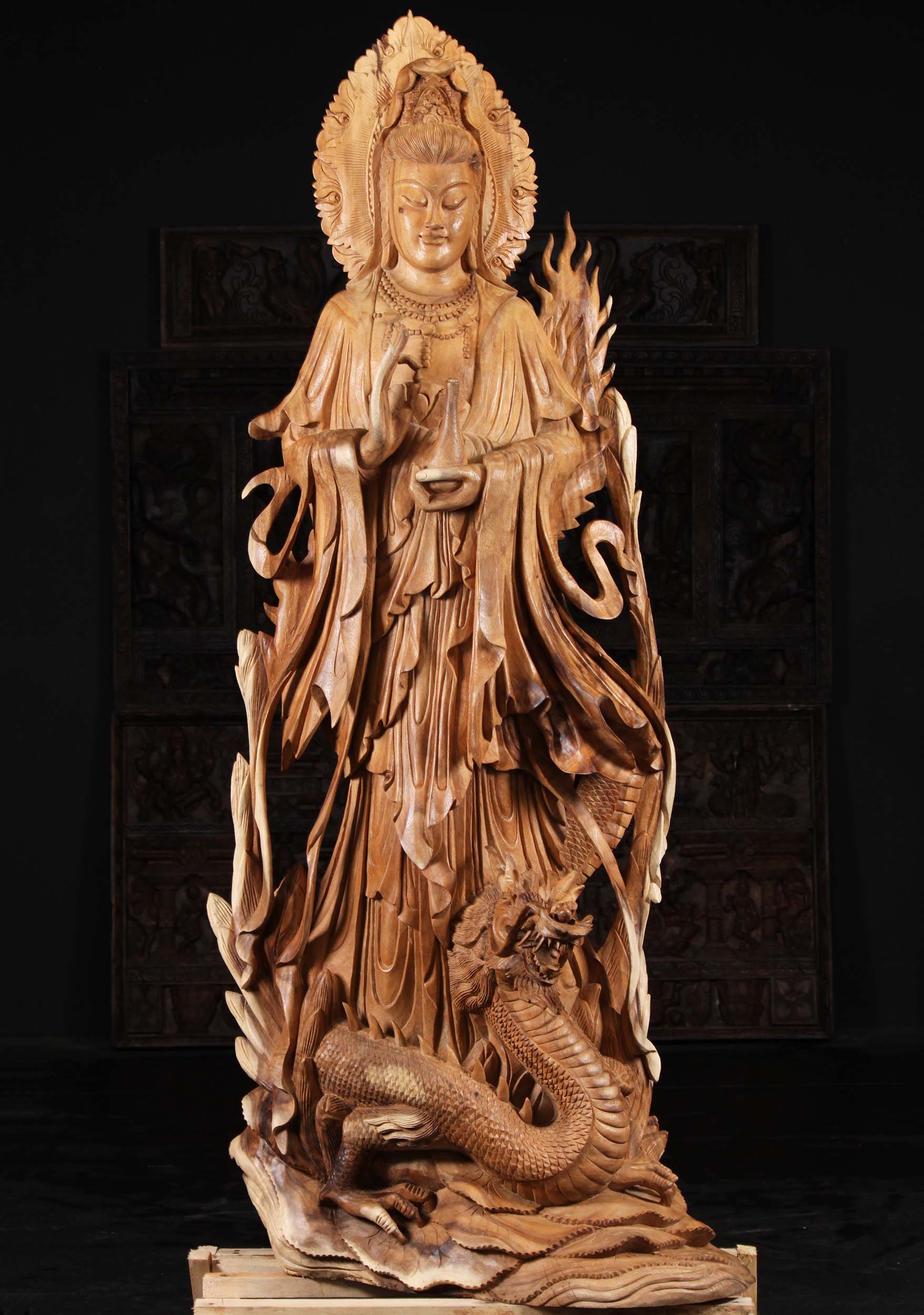 Wooden Kwan Yin With Dragon Statue 81" inclusive of shipping