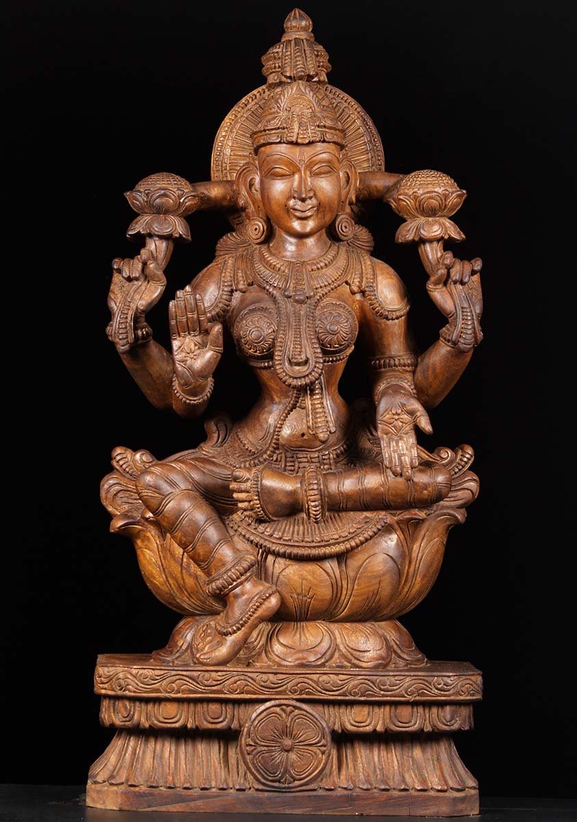 Wooden Lakshmi Carving Holding Lotus Flowers 36"