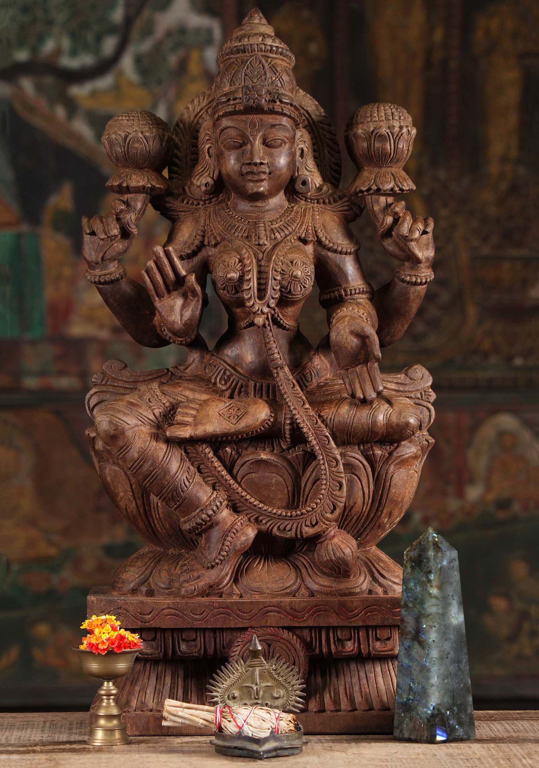 Wooden Lalitasana Lakshmi Sculpture 24"