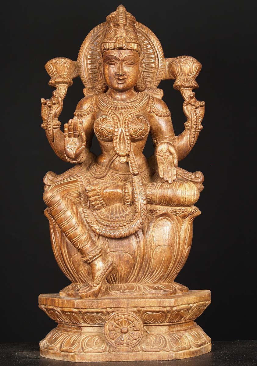 Wood Lotus Flower Lakshmi Statue 24"