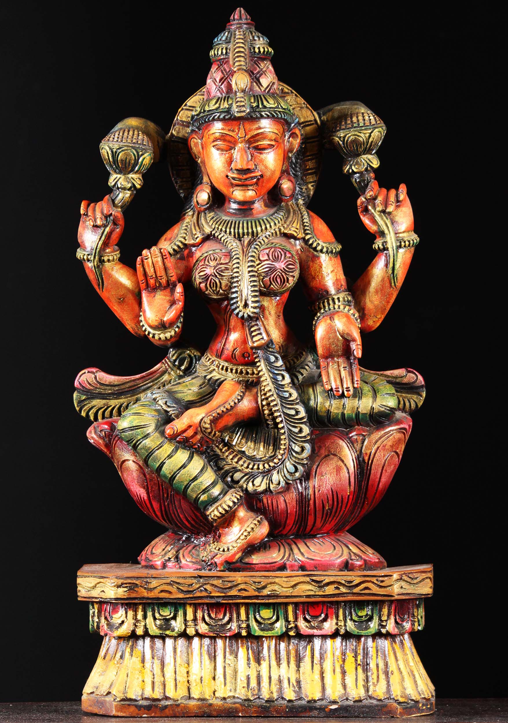 Wooden Lakshmi Statue With Lotus Flowers 24"