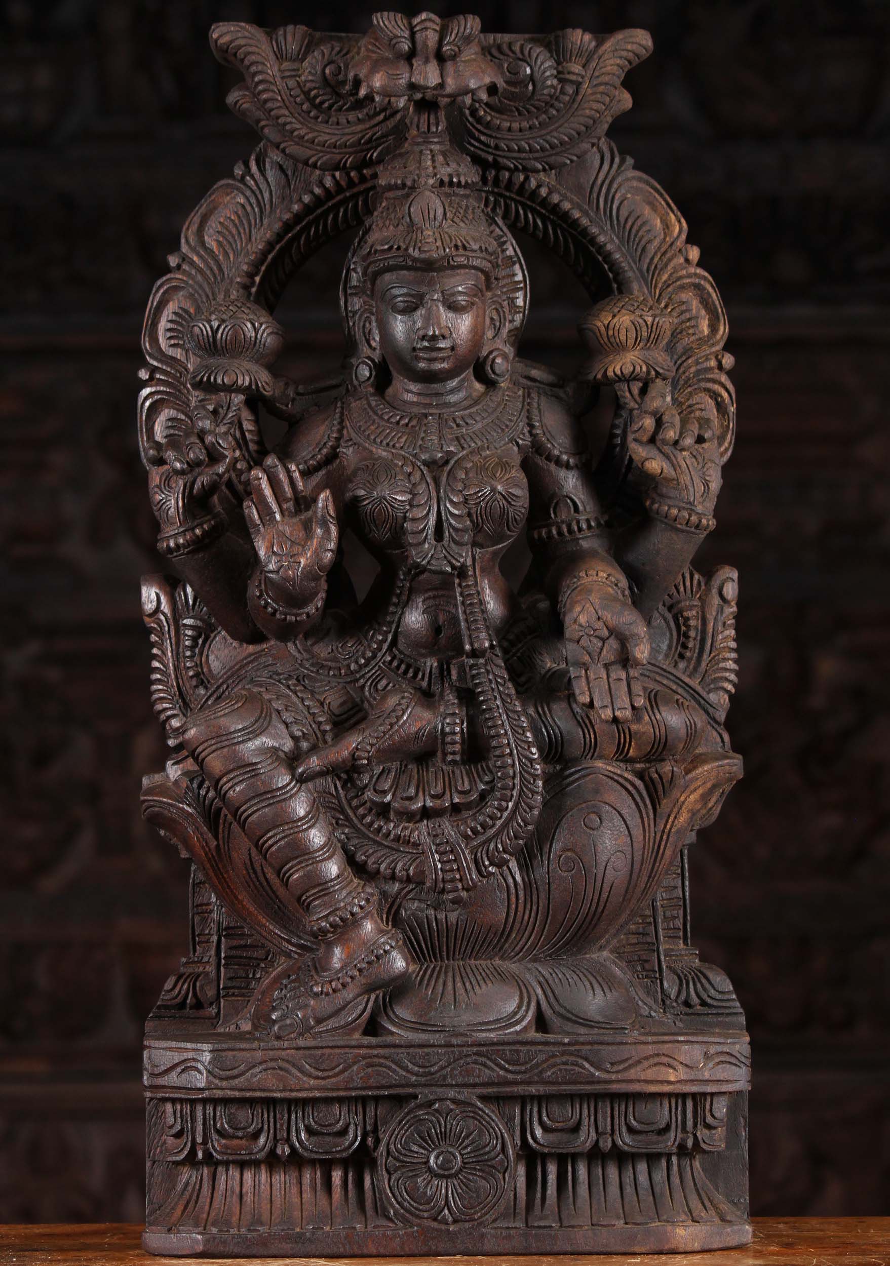 Wooden Lotus Lakshmi Statue with Arch 24"