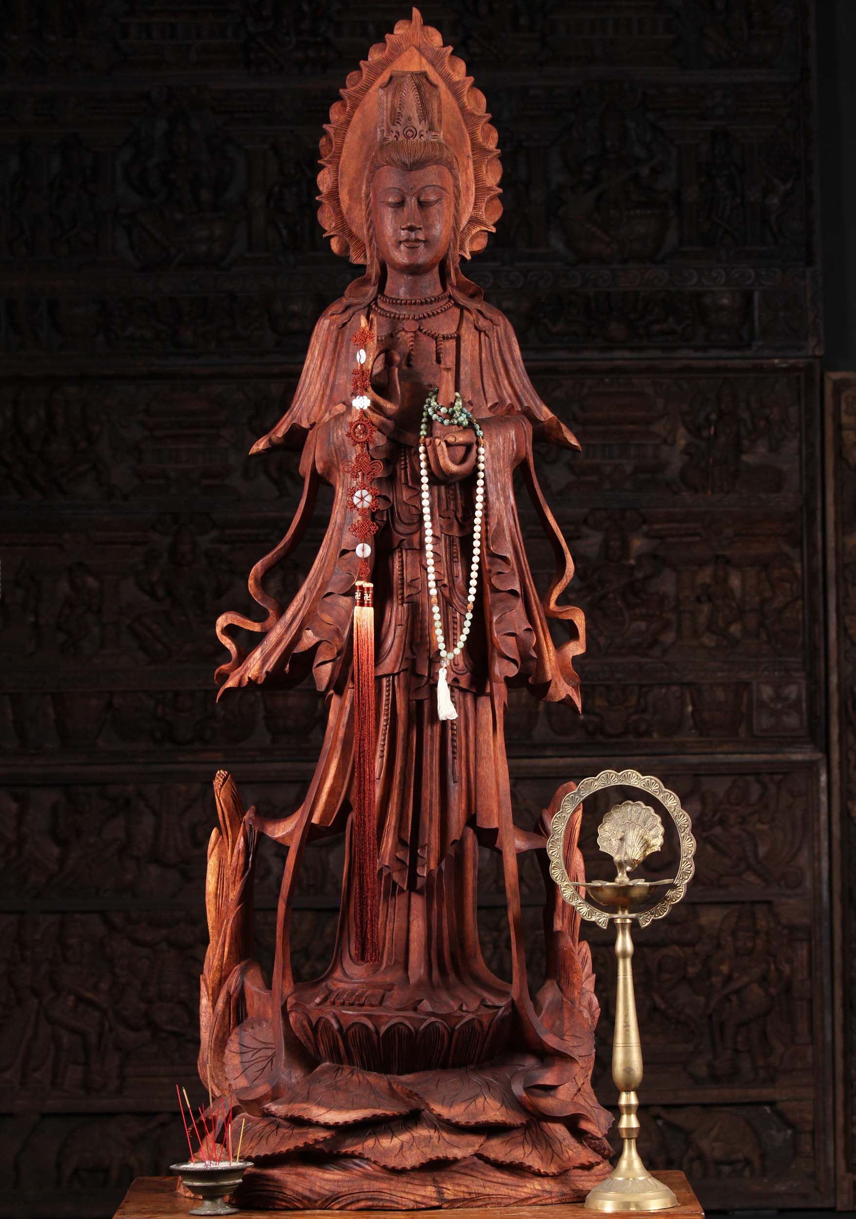 Wood Large Kwan Yin Statue Holding Pearl 61"