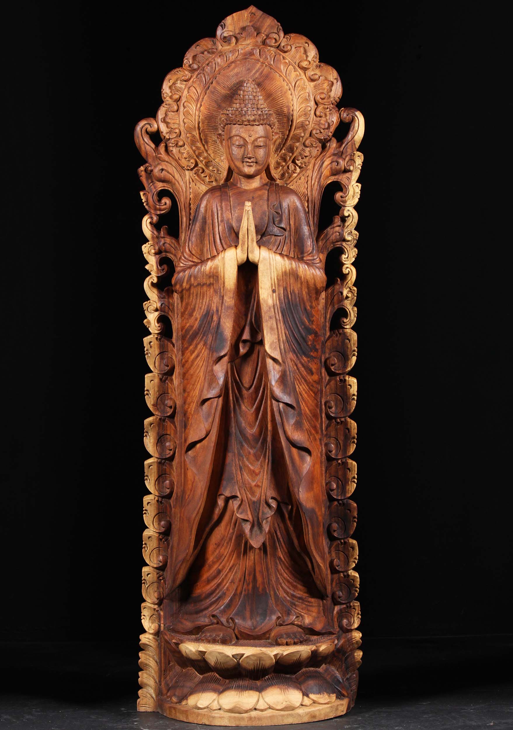 Wood Namaste Buddha Statue with Halo 60"